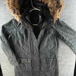 Barbour Dartford Waxed Jacket Women Full Zip Fur Hood Size 6 USA Blue Canvas